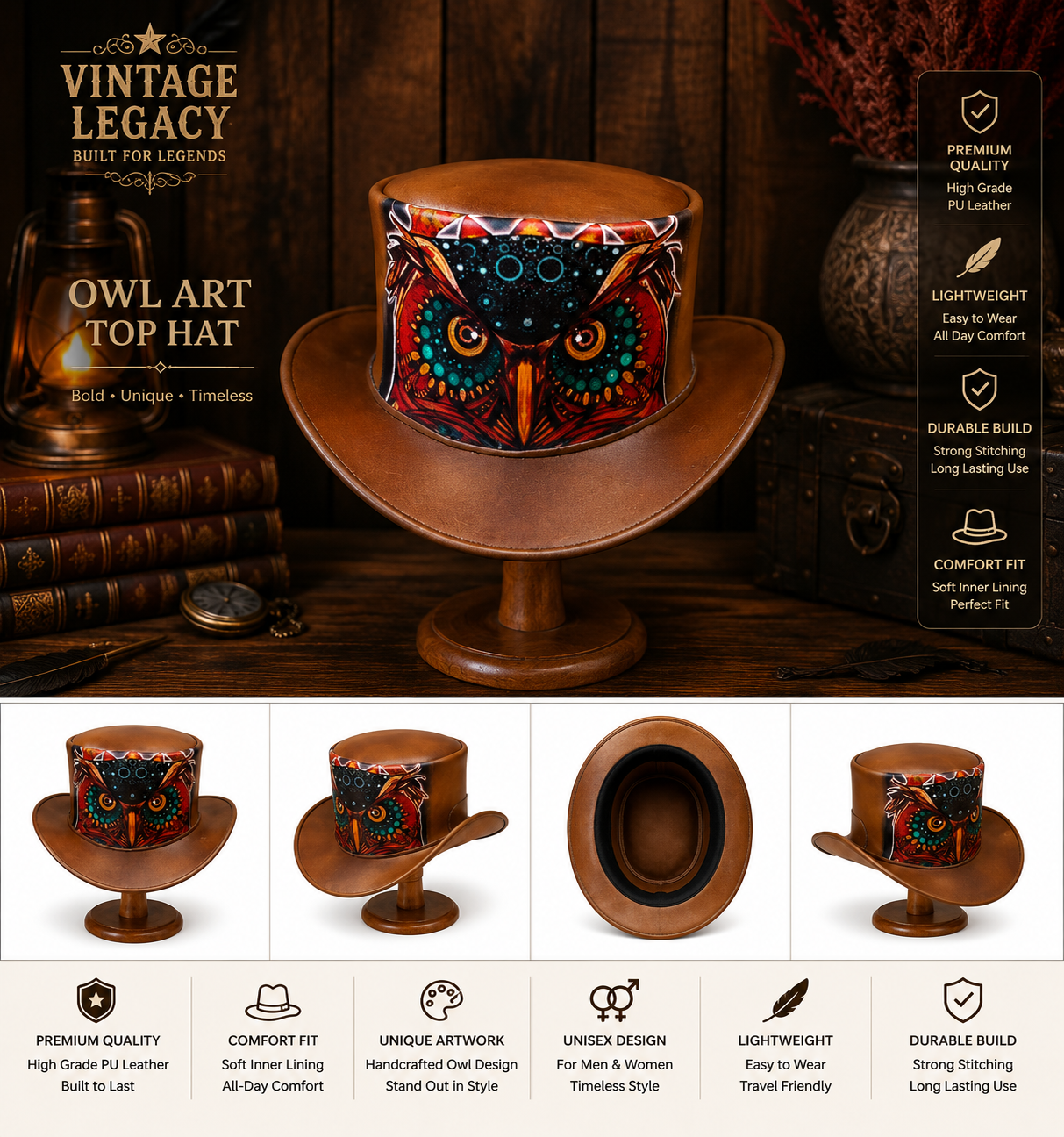 Vintage Owl Art Top Hat