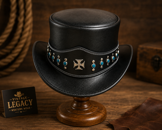 Leather Steampunk Top Hat with Turquoise Cross Band