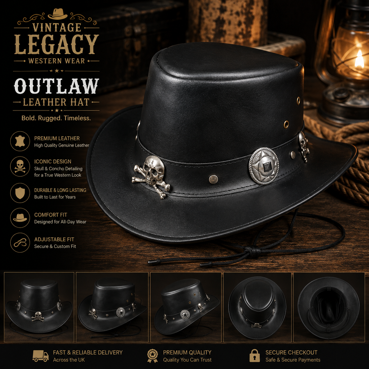 Outlaw Skull Black Leather Cowboy Hat