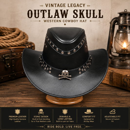 OUTLAW Skull Leather Cowboy Hat