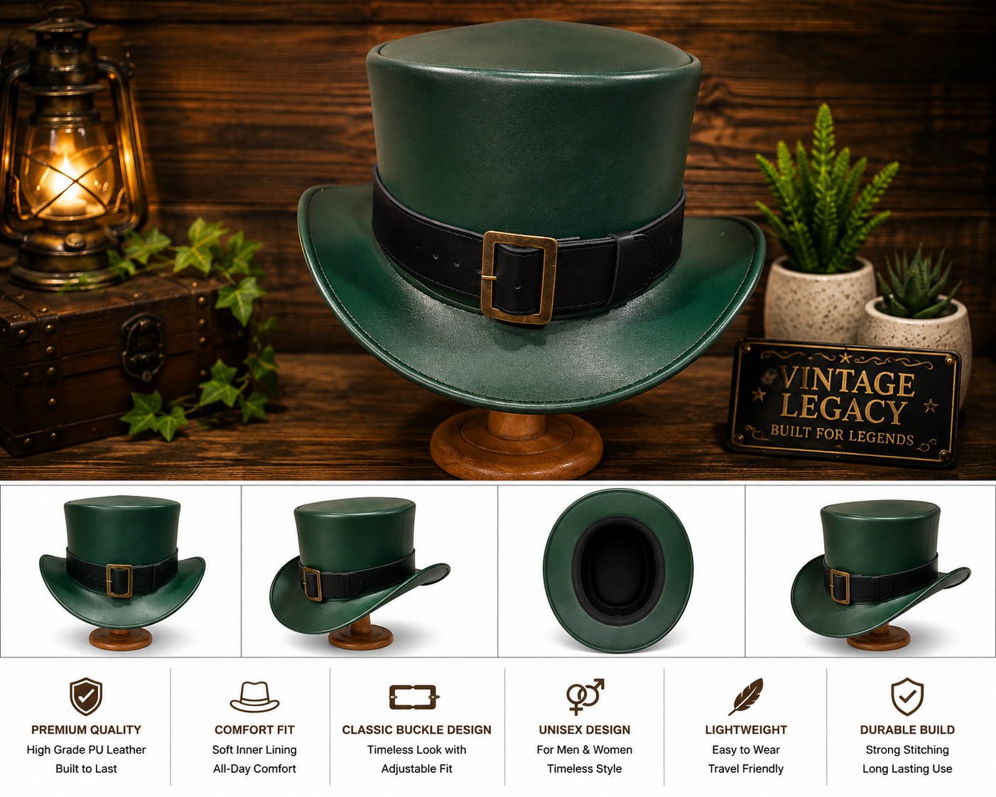 Emerald Pioneer Leather Top Hat