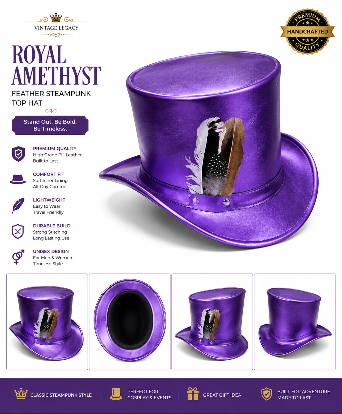 Royal Amethyst Feather Steampunk Top Hat